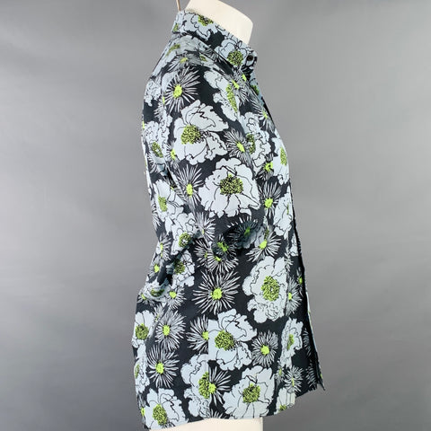 PRADA Size S Black Blue Green Floral Cotton Button Up One Pocket Short Sleeve Shirt