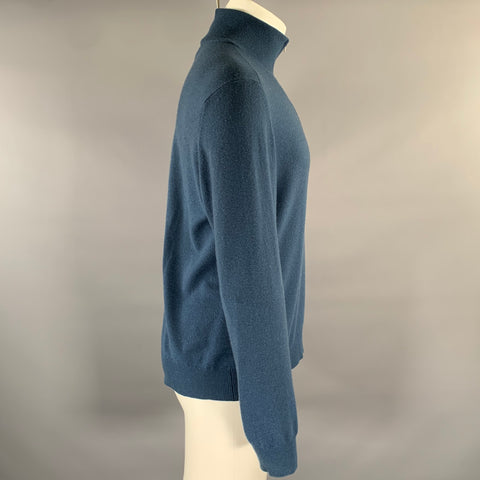 HERMES Size M Blue Ribbed Cashmere Quarter Zip Sweater