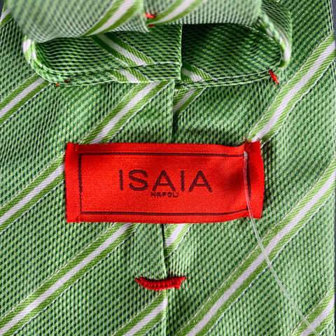 ISAIA Green White Diagonal Stripe Silk Tie