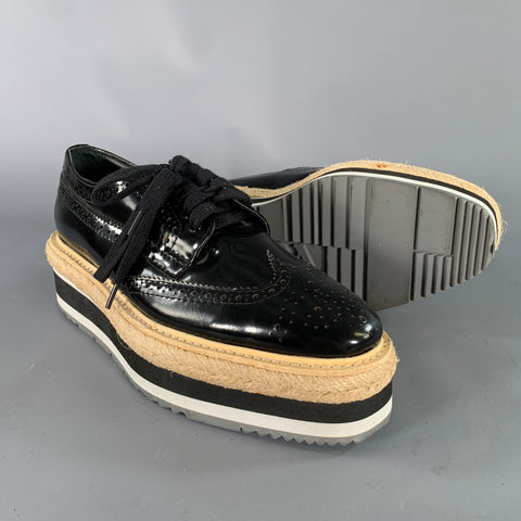 PRADA Size 7 Black White Leather Patent Spectator Laces
