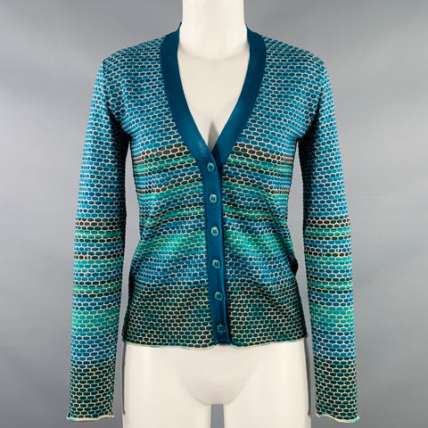 M MISSONI Size 2 Blue Green Merino Wool Blend V-Neck Cardigan