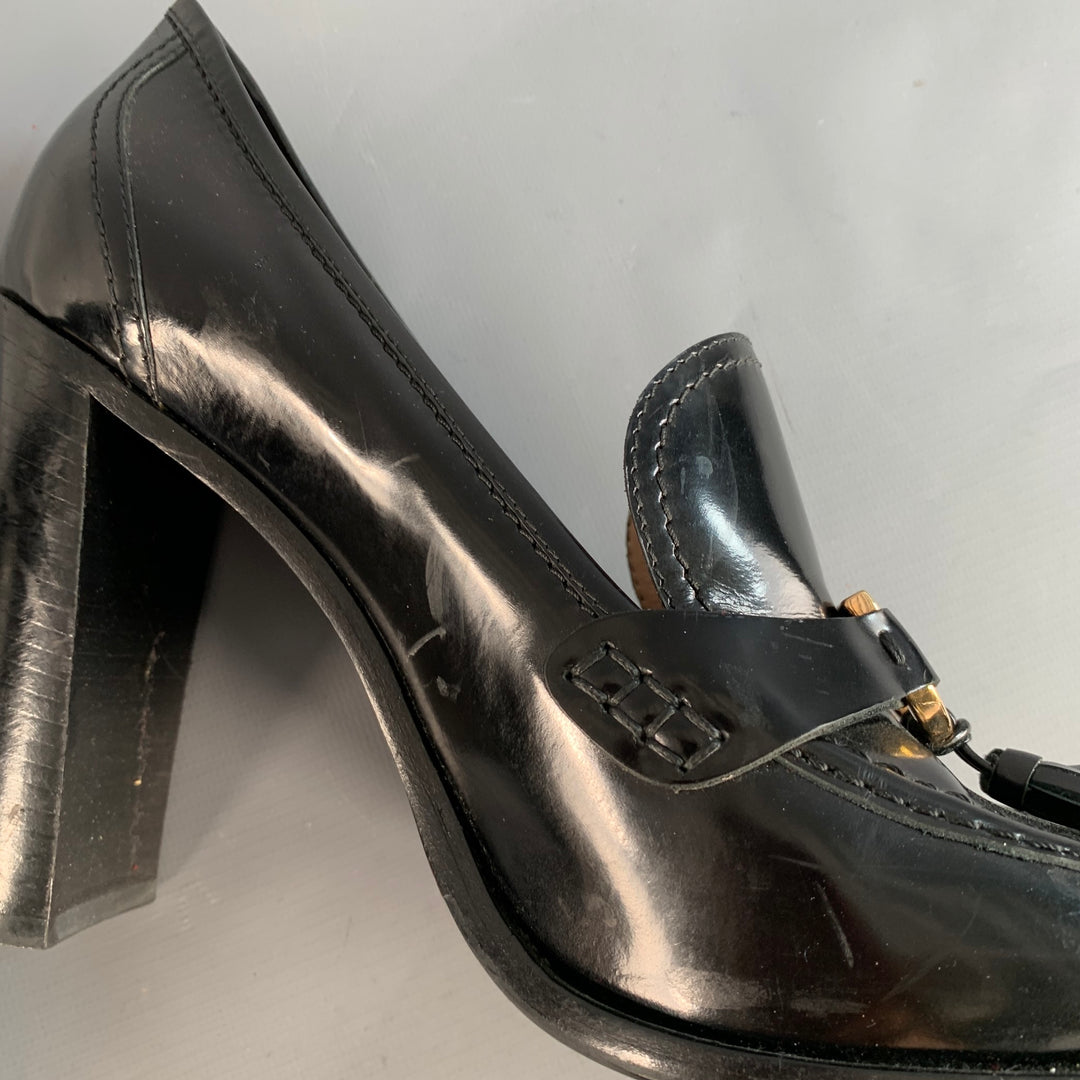 SALVATORE FERRAGAMO Size 9 Black Tassels Stacked Heel Loafer Pumps