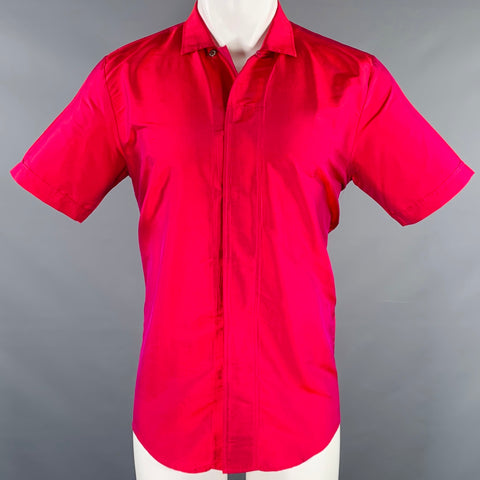 VERSACE COLLECTION Size M Red Shimmery Cotton Hidden Buttons Short Sleeve Camp Shirt