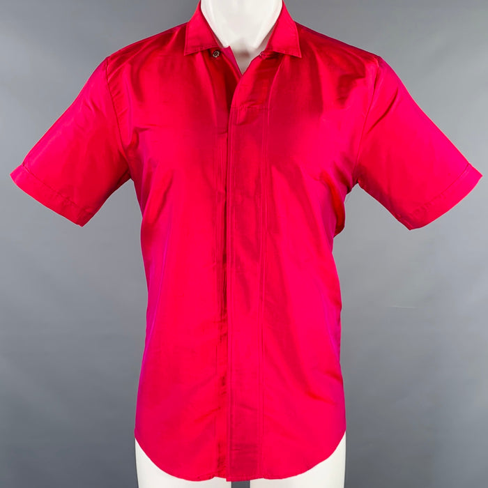 VERSACE COLLECTION Size M Red Shimmery Cotton Hidden Buttons Short Sleeve Camp Shirt