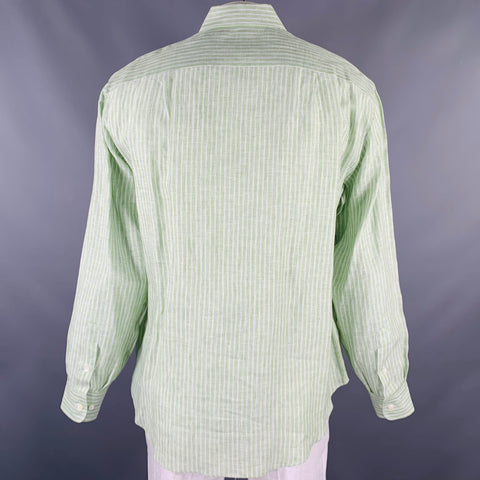 BRIONI Size L Green Stripe Linen Button Up Long Sleeve Shirt