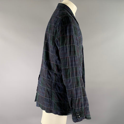 ONES STROKE Chest Size XL Navy Green & Red Plaid Cotton Notch Lapel Sport Coat