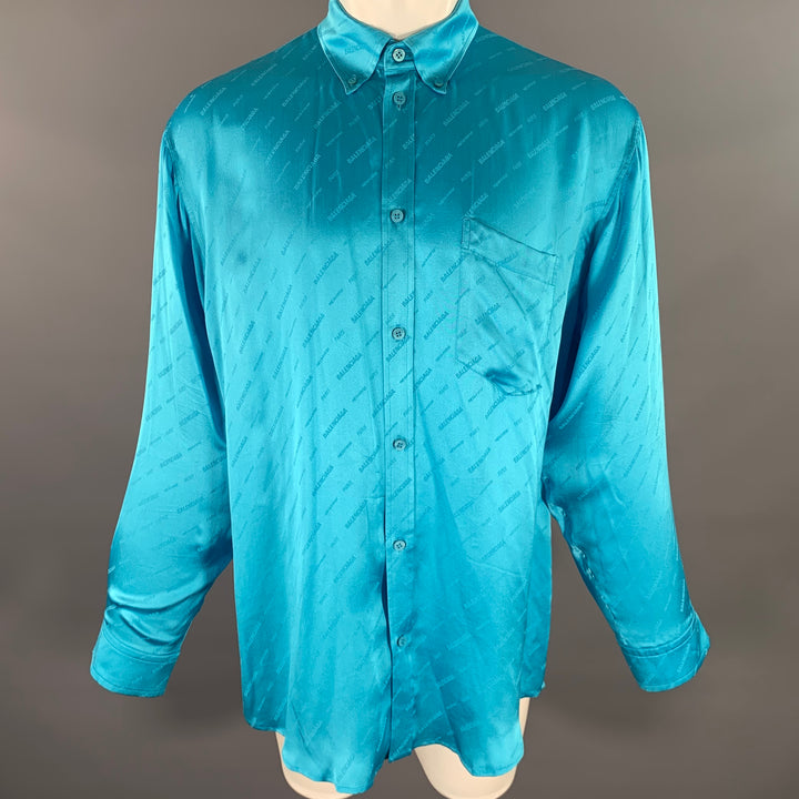 BALENCIAGA Size M Blue Aqua Monogram Silk Button Down Long Sleeve Shirt