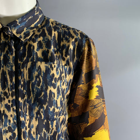 DRIES VAN NOTEN Size S Tan & Black Navy Silk Animal Blouse