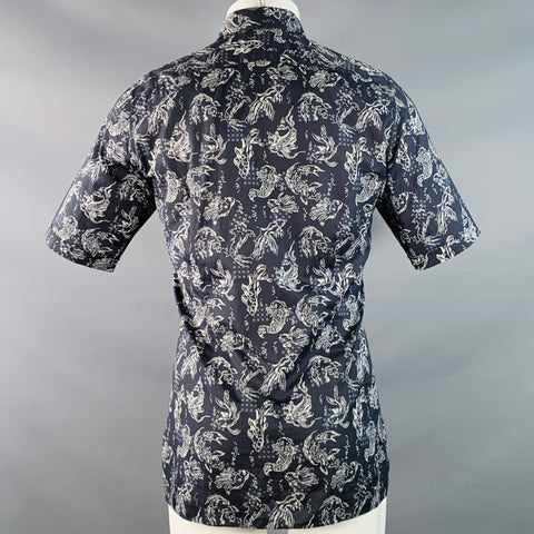 LANVIN Size 39 Navy White Koi Fish Cotton One Pocket Short Sleeve Shirt
