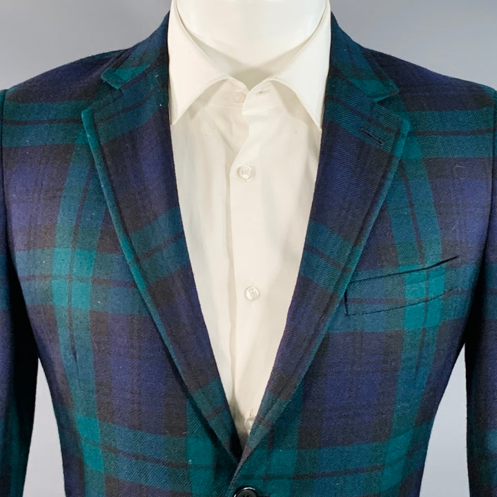 BAND OF OUTSIDERS Size 40 Regular Green Blue Plaid Wool Twill Notch Lapel Sport Coat