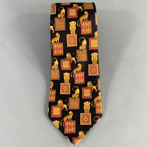 SALVATORE FERRAGAMO Black Gold Burgundy Animals Silk Tie