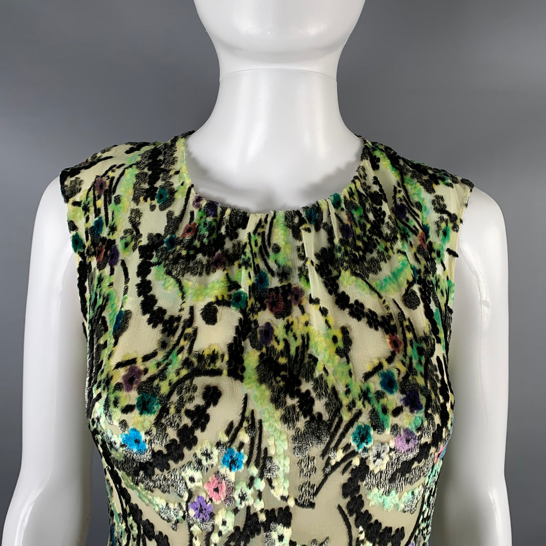 PRADA Size S Green Multi Color Abstract  Floral Sleeveless Cocktail Dress