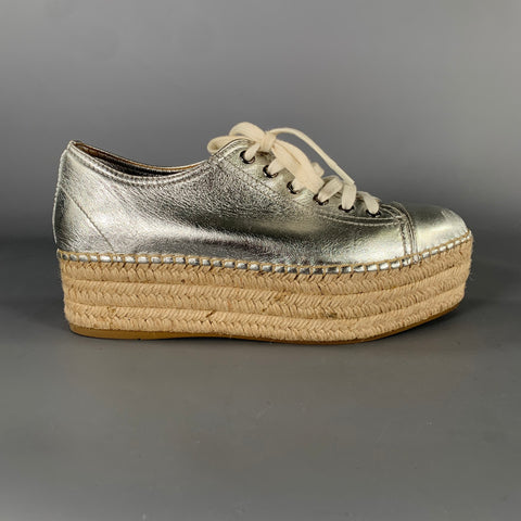 MIU MIU Size 8 Silver Espadrille Platform Sneakers