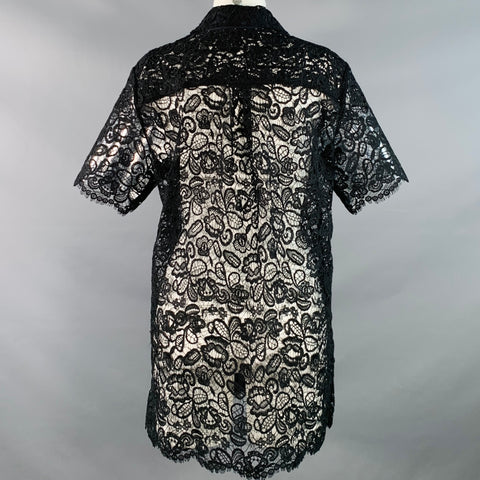 STAUD Size M Black Polyester Lace Button Up Short Sleeve Shirt