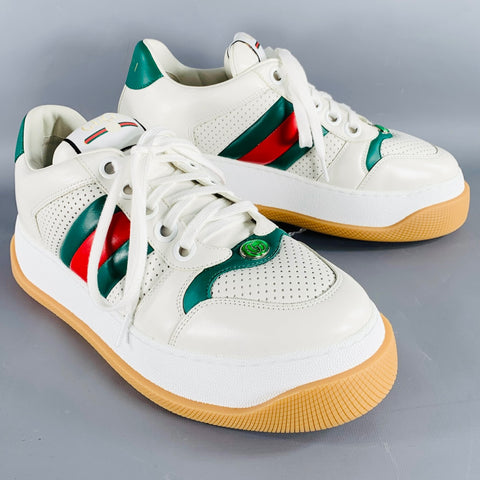 GUCCI Size 9.5 Screener White Red Green Perforated Leather Rubber Sole Sneakers