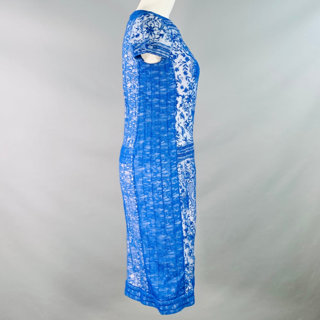 TADASHI SHOJI Size 6 Blue White Rayon Blend Lace Short Sleeve Cocktail Dress
