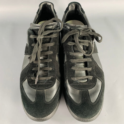 MAISON MARGIELA Size 13 Black Mixed Fabrics Leather Low Top Sneakers