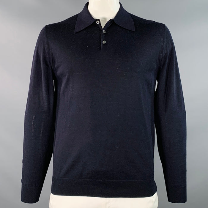 PRADA Size L Black Virgin Wool Jersey Long Sleeve Polo