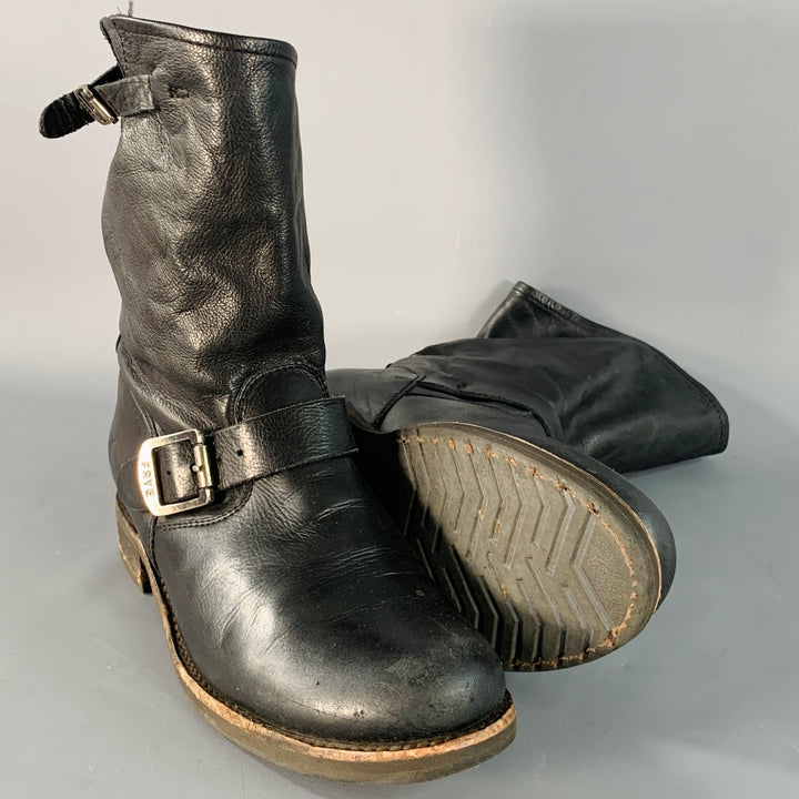 FRYE Size 10 Black Leather Calf High Pull On Belted Boots