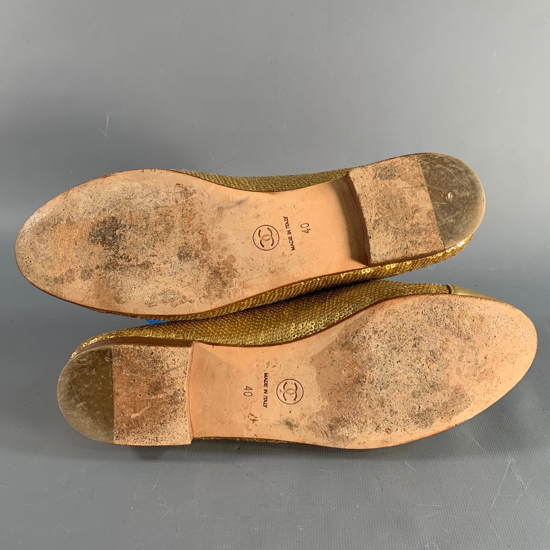 CHANEL Size 10 Gold Sequined Ballet Flats