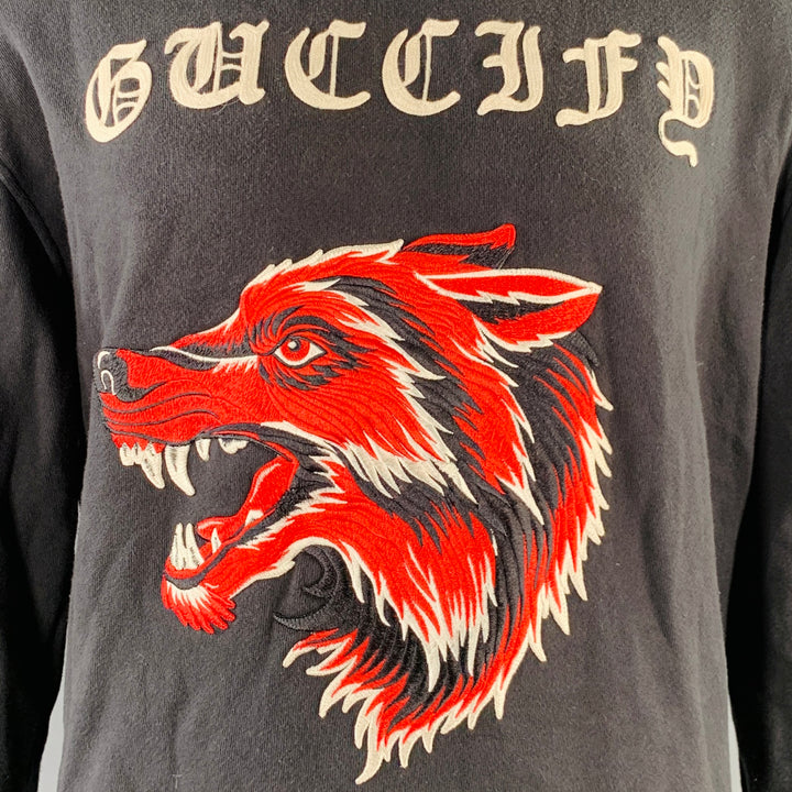 GUCCI Size XL Guccify Wolf Black Red White Applique Cotton Hooded Sweatshirt