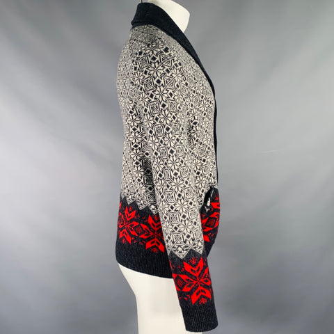 BROOKS BROTHERS Taille M Cardigan col châle gris rouge en mélange de laine mérinos nordique