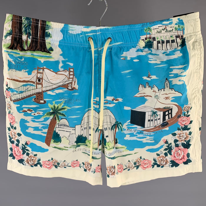 AMIRI SS23 CALIFORNIA HAWAIIAN Size 36 Blue Graphic Polyester Blend Drawstring Swim Trunks