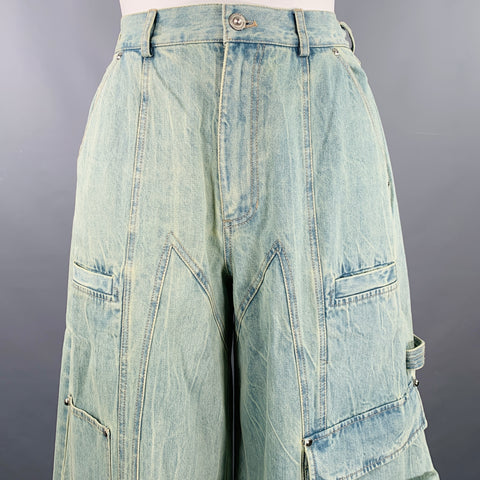 PRIVATE POLICY Size L Giant Cargo Blue Denim Acid Wash Baggy Casual Pants