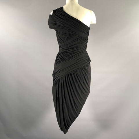 HALSTON HERITAGE Size S Black Acetate Blend Draped One Shoulder Cocktail Dress
