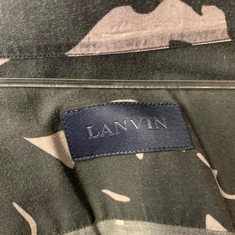 LANVIN Size S Black Grey Blue Abstract Floral Cotton Long Sleeve Shirt