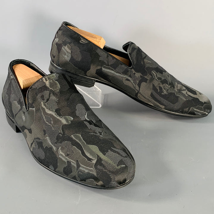 JIMMY CHOO Size 8 Black Grey Camouflage Figures Canvas Slip On Loafers