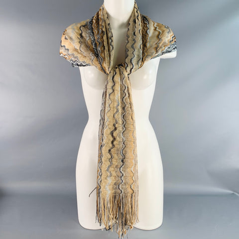 MISSONI Beige Multi Color Zig Zag Viscose Knit Fringe Scarf Shawl