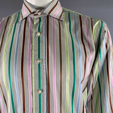 ETRO Size XL Cream Multi-Color Stripe Cotton Long Sleeve Shirt