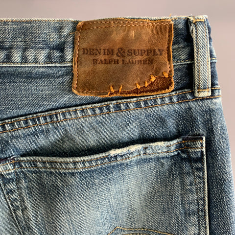 RALPH LAUREN Size 36 Blue Distressed Cotton Straight Jeans
