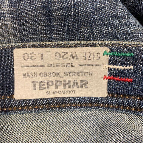 DIESEL Size 26 Tepphar Blue Cotton Blend Tapered Slim Distressed Jeans