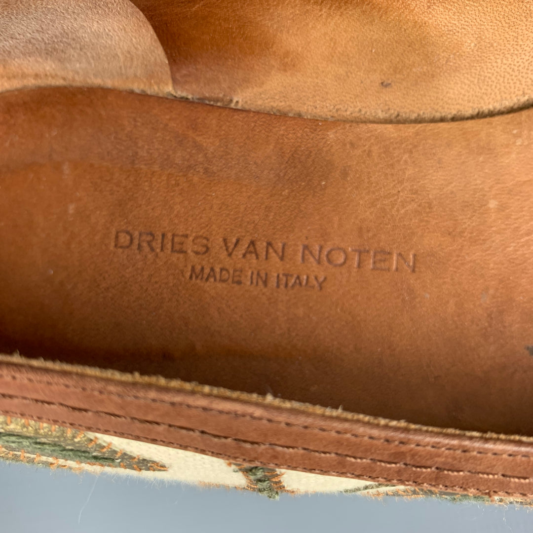 DRIES VAN NOTEN Size 7.5 Cream Gold Fabric Embroidered Leaves 