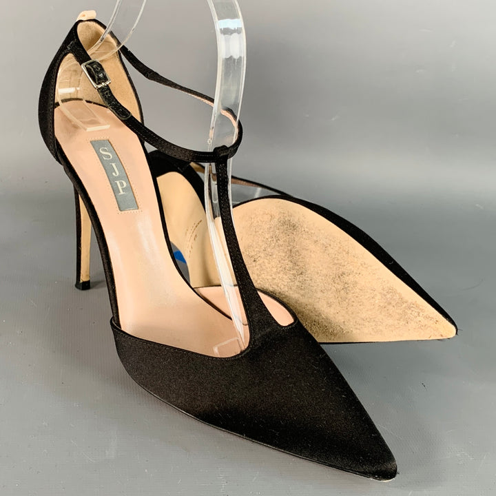 SJP Size 9 Black Silk Stiletto T-Strap Heels Sandals