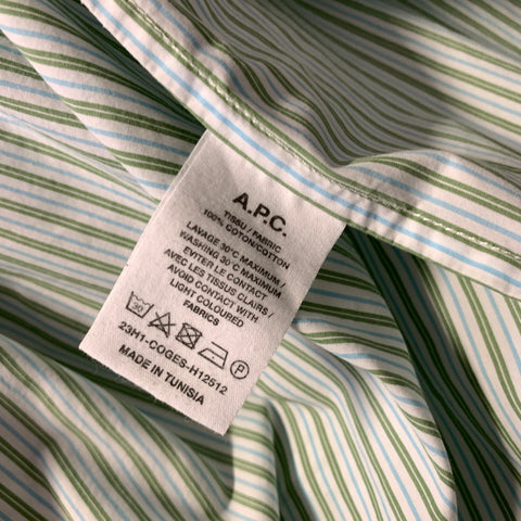 A.P.C. Size M Green White & Blue Stripe Cotton Button Up Long Sleeve Shirt