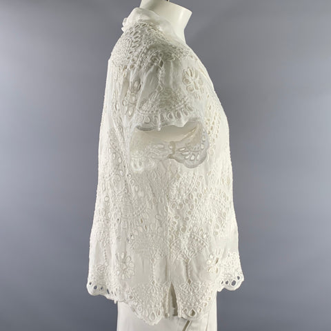 JOHNNY WAS Chemise à manches courtes en rayonne blanche, col cubain, motif napperon, taille XL