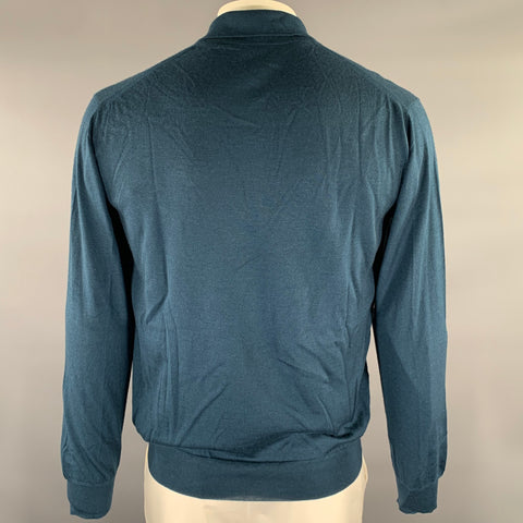 BRIONI Taille XXL Bleu sarcelle Pull en cachemire et soie tricoté avec col zippé