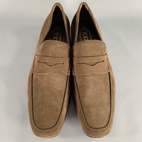 TOD'S Size 10.5 Dark Brown Suede Penny Slip On Loafers