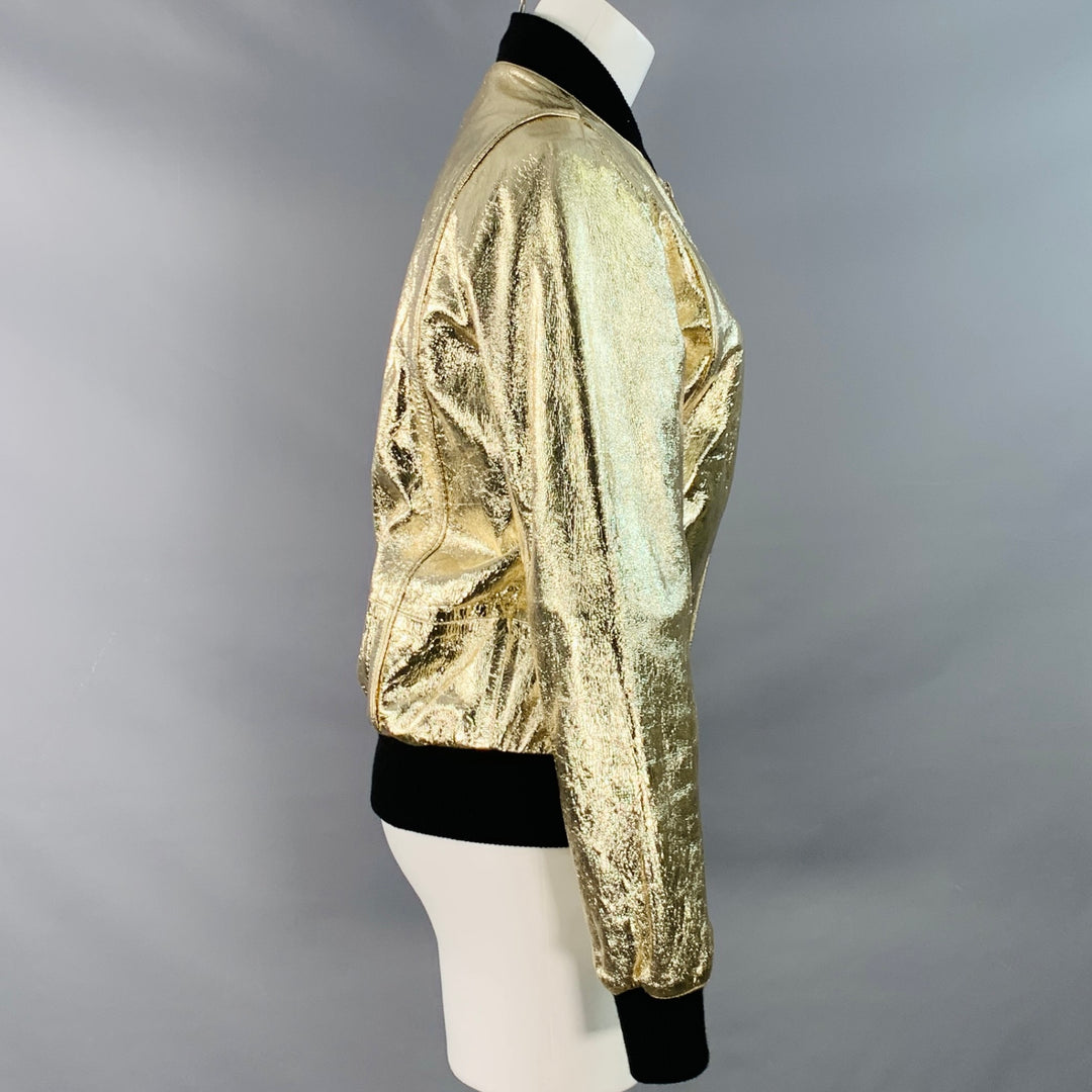 ZADIG & VOLTAIRE Size S Larsona Foil Gold Black Leather Metallic Zip Up Bomber Jacket