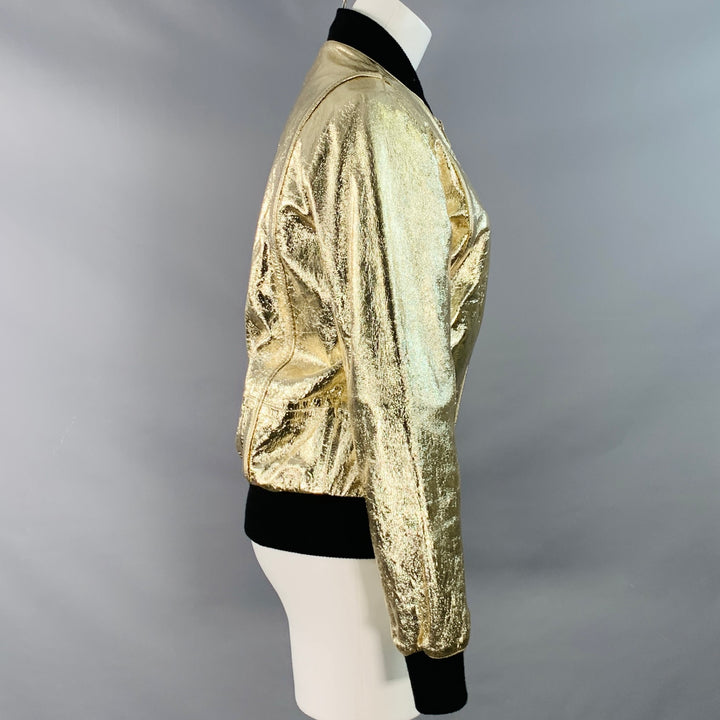 ZADIG & VOLTAIRE Size S Larsona Foil Gold Black Leather Metallic Zip Up Bomber Jacket