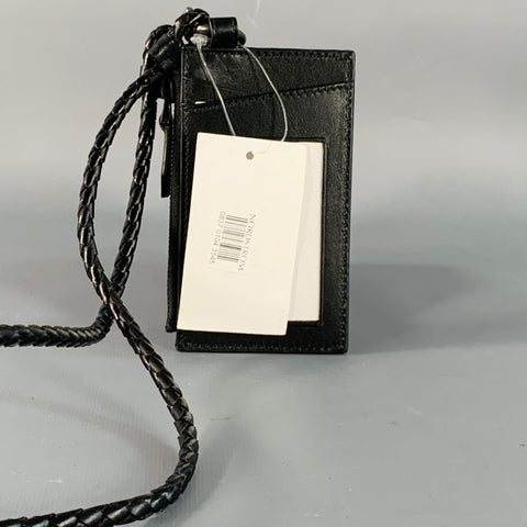 SALVATORE FERRAGAMO One Size Black Pebble Grain Leather Card Case Lanyard