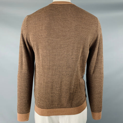 FENDI Taille L Pull à col rond en laine monogramme marron beige