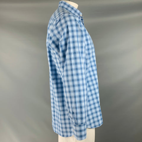 LORENZINI Size XXL Blue Plaid Cotton Button Up Long Sleeve Shirt