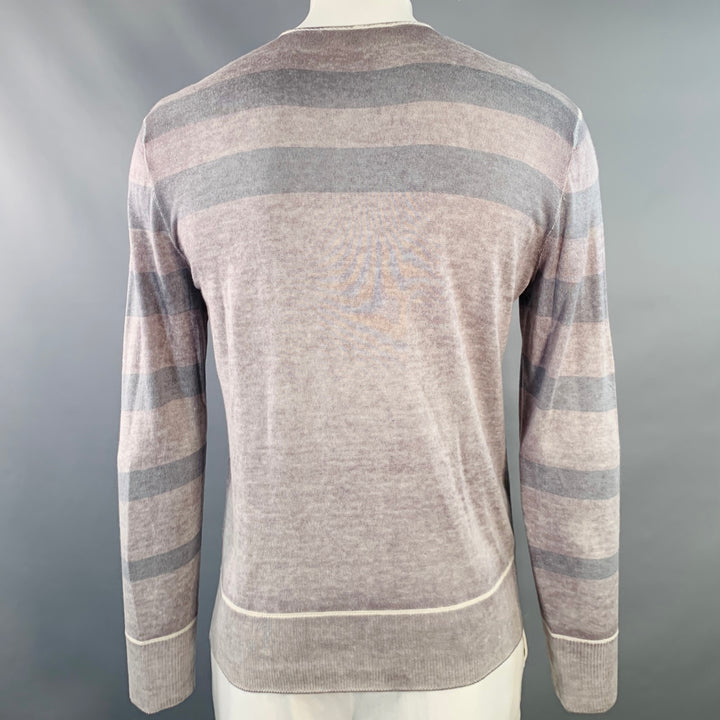 JOHN VARVATOS Size L Grey Purple Stripe Silk Cashmere V-Neck Pullover