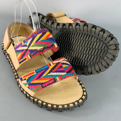 VALENTINO Size 9 Tan Multi Color Embroidery Leather Straps Sandals