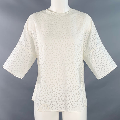 AKRIS Size 6 White Viscose Blend Dots Short Sleeve Crew Neck Casual Top