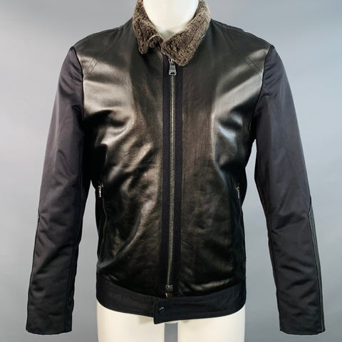 HUGO BOSS Size 40 Cliker Black Lambskin Leather Nylon Zip Up Jacket